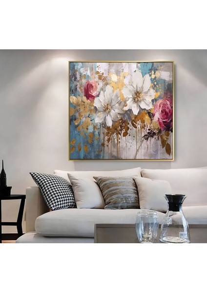 |metal Çerçeveli Kanvas Tablo Pembe Gold Detaylı Çiçekli Model 02 |ckkare fiyatları