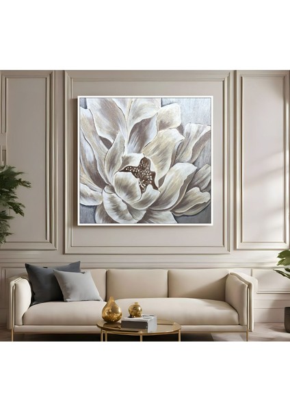 |metal Çerçeveli Kanvas Tablo Gri-Krem Soyut Çiçek Desen |ckkare