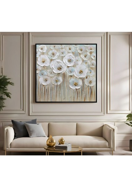 |metal Çerçeveli Kanvas Tablo Soft Ton Beyaz Çiçek Modeli 01|ckkare