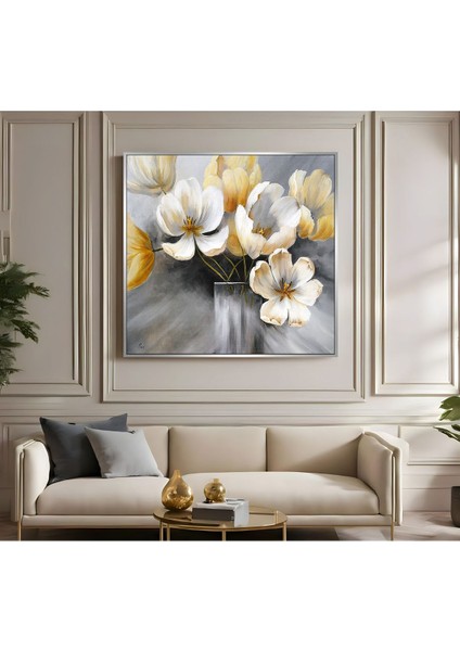 |metal Çerçeveli Kanvas Tablo Sarı Beyaz Çiçek Deseni|ckkare