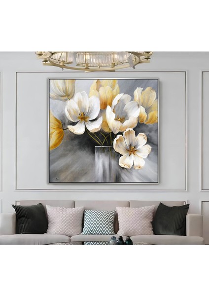 |metal Çerçeveli Kanvas Tablo Sarı Beyaz Çiçek Deseni|ckkare modelleri