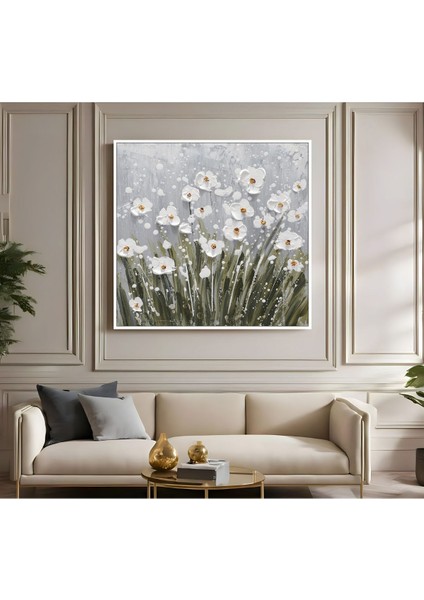 |metal Çerçeveli Kanvas Tablo Beyaz Yeşil Çiçek Deseni 01 |ckkare