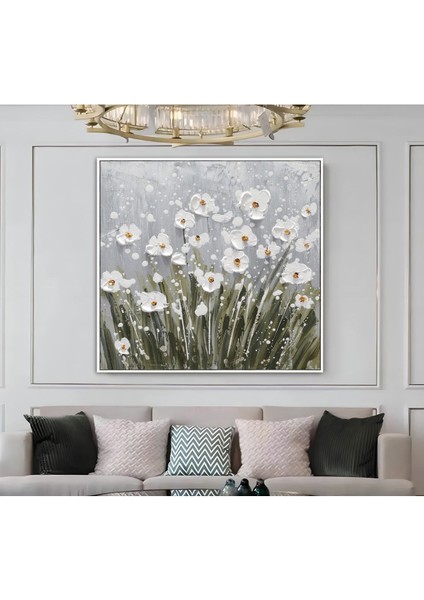 |metal Çerçeveli Kanvas Tablo Beyaz Yeşil Çiçek Deseni 01 |ckkare modelleri