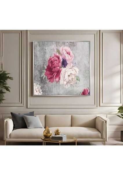 |metal Çerçeveli Kanvas Tablo Pembe Gri Çiçekli Model |ckkare
