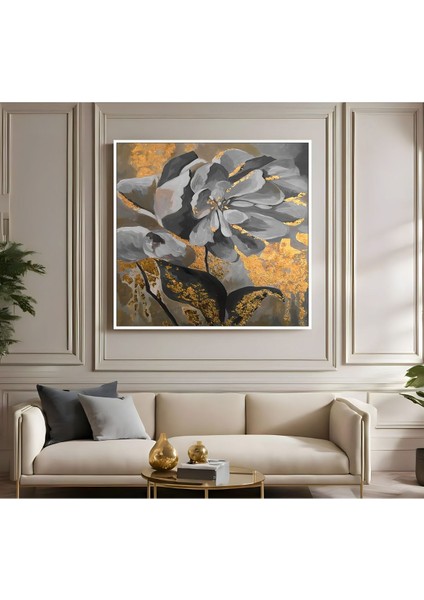 |metal Çerçeveli Kanvas Tablo Gri-Gold Çiçek Deseni 06 |ckkare