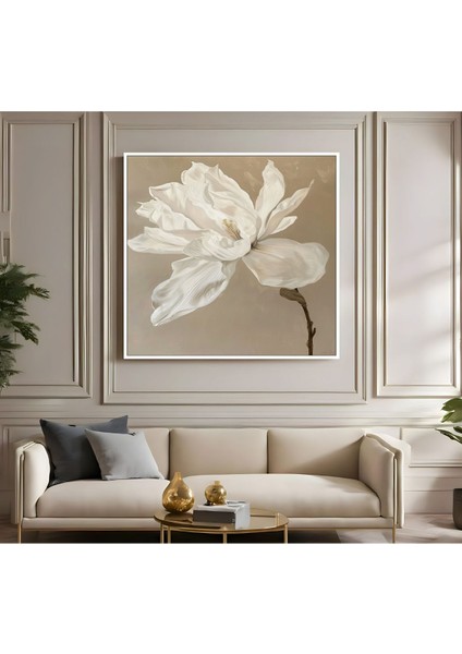 |metal Çerçeveli Kanvas Tablo Ekru Beyaz Çiçek Desen |ckkare