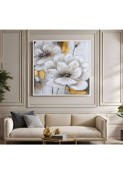 |metal Çerçeveli Kanvas Tablo Gold Gri Renkli Çiçek Desen |ckkare
