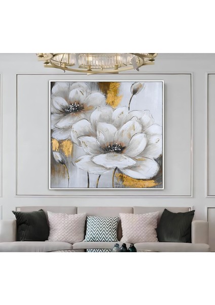 |metal Çerçeveli Kanvas Tablo Gold Gri Renkli Çiçek Desen |ckkare modelleri