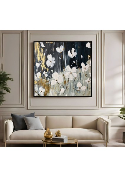 |metal Çerçeveli Kanvas Tablo Soyut Beyaz Çiçek Modeli 01|ckkare