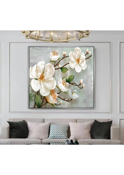 |metal Çerçeveli Kanvas Tablo Soft Beyaz Çiçek Dalı Desen |ckkare