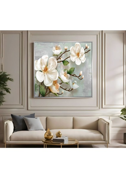 |metal Çerçeveli Kanvas Tablo Soft Beyaz Çiçek Dalı Desen |ckkare fiyatları