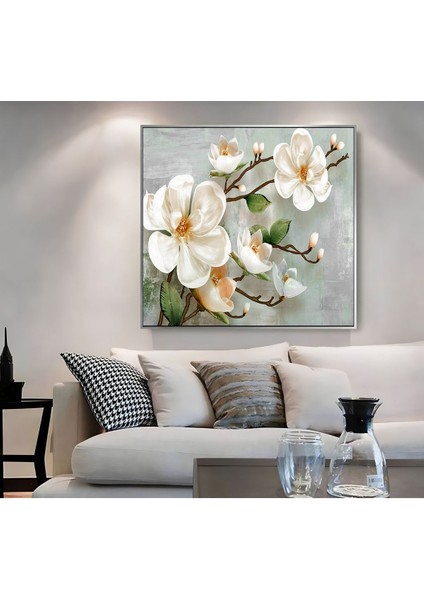 |metal Çerçeveli Kanvas Tablo Soft Beyaz Çiçek Dalı Desen |ckkare modelleri