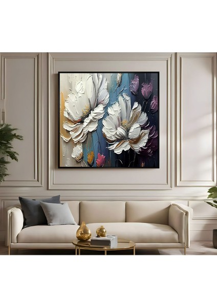 |metal Çerçeveli Kanvas Tablo Lacivert Soft Renkler Çiçekli Desen 03 |ckkare