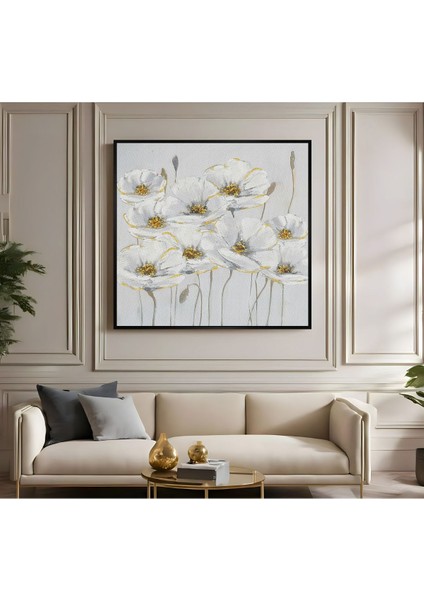 |metal Çerçeveli Kanvas Tablo Gold/beyaz Çiçek Modeli |ckkare