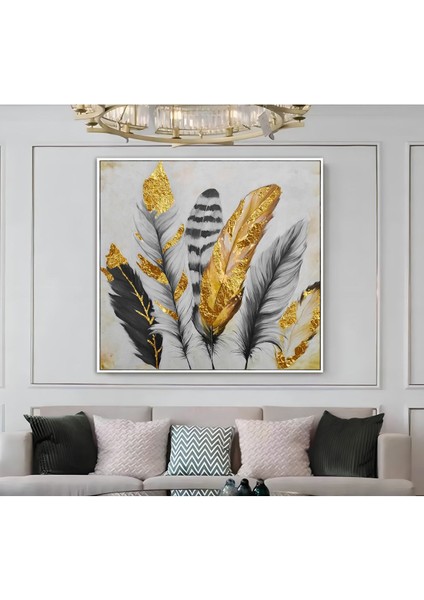 |metal Çerçeveli Kanvas Tablo Gri Gold Tüy Desenler |ckkare