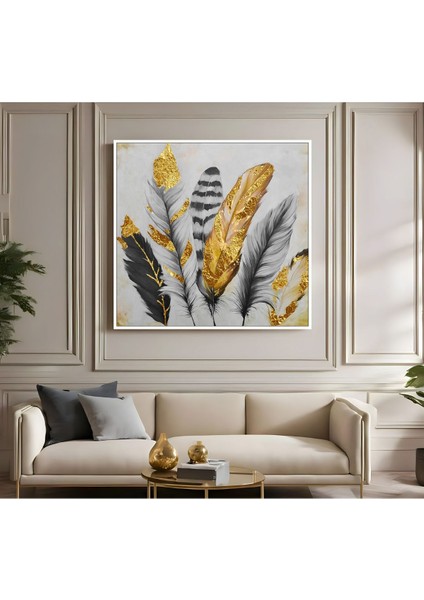 |metal Çerçeveli Kanvas Tablo Gri Gold Tüy Desenler |ckkare fiyatları