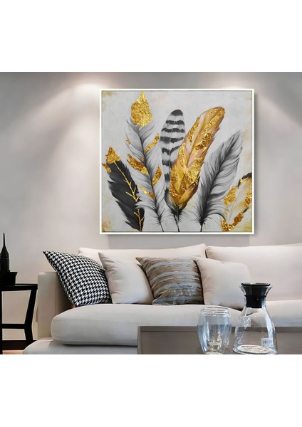 |metal Çerçeveli Kanvas Tablo Gri Gold Tüy Desenler |ckkare modelleri