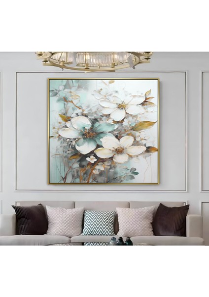 |metal Çerçeveli Kanvas Tablo Soft Ton Beyaz Çiçek Desen |ckkare