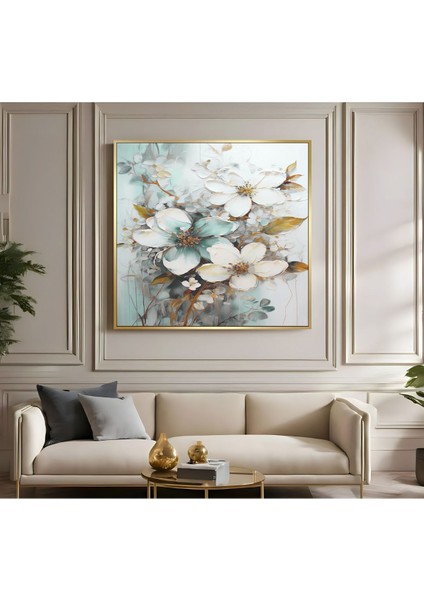 |metal Çerçeveli Kanvas Tablo Soft Ton Beyaz Çiçek Desen |ckkare fiyatları