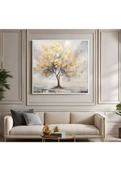 |metal Çerçeveli Kanvas Tablo Soft Gri Gold Ağaçlı Model 01 |ckkare