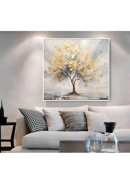 |metal Çerçeveli Kanvas Tablo Soft Gri Gold Ağaçlı Model 01 |ckkare fiyatları