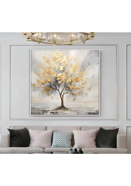 |metal Çerçeveli Kanvas Tablo Soft Gri Gold Ağaçlı Model 01 |ckkare modelleri