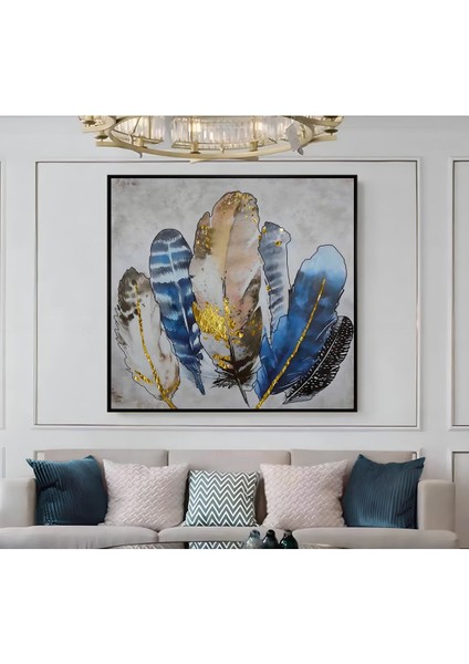 |metal Çerçeveli Kanvas Tablo Gri-Lacivert Tüy Desenleri |ckkare