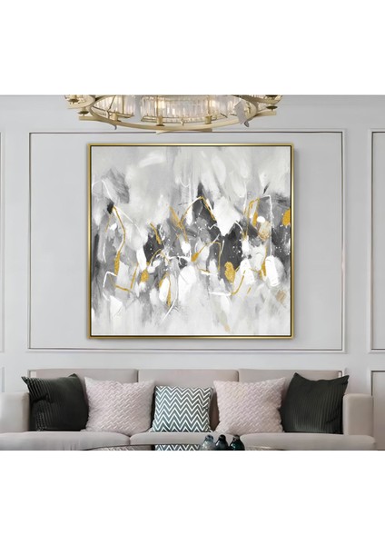 |metal Çerçeveli Kanvas Tablo Gri/gold Çiçek Deseni |ckkare