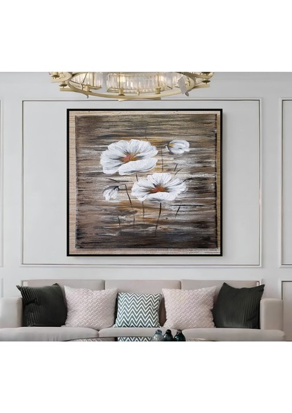 |metal Çerçeveli Kanvas Tablo Kahvereni Beyaz Çiçek Desen 02 |ckkare