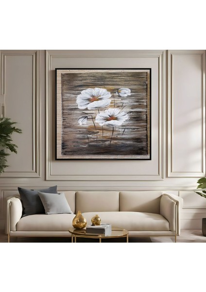 |metal Çerçeveli Kanvas Tablo Kahvereni Beyaz Çiçek Desen 02 |ckkare fiyatları