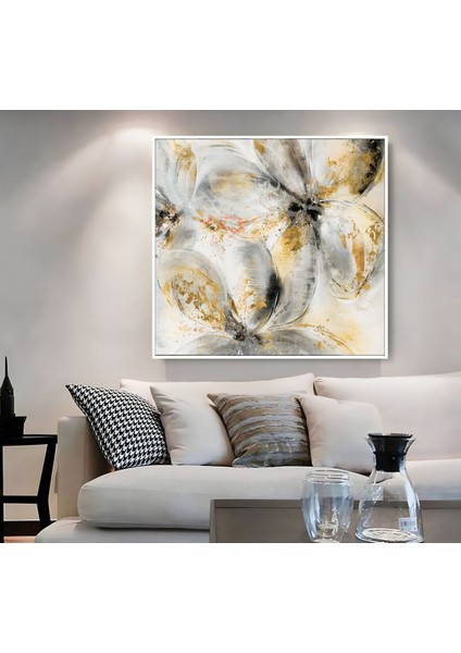 |metal Çerçeveli Kanvas Tablo Beyaz-Gold Soyut Çiçek Desen |ckkare
