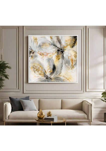 |metal Çerçeveli Kanvas Tablo Beyaz-Gold Soyut Çiçek Desen |ckkare fiyatları