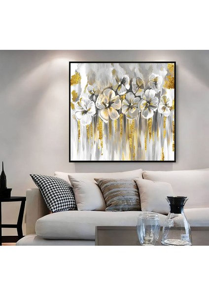 |metal Çerçeveli Kanvas Tablo Gold-Gri Çiçek Desen |ckkare