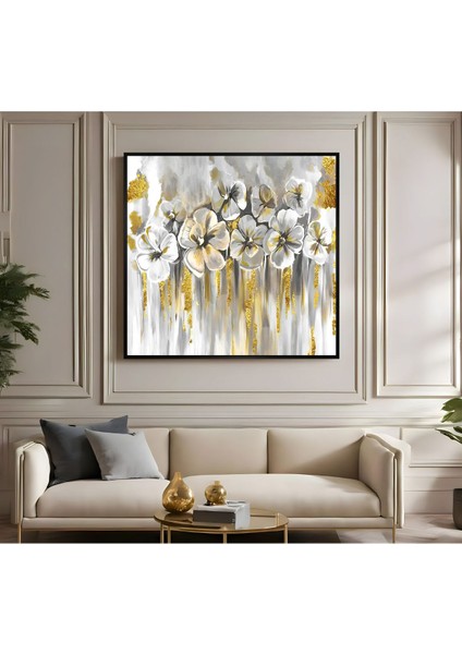 |metal Çerçeveli Kanvas Tablo Gold-Gri Çiçek Desen |ckkare fiyatları