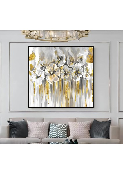 |metal Çerçeveli Kanvas Tablo Gold-Gri Çiçek Desen |ckkare modelleri