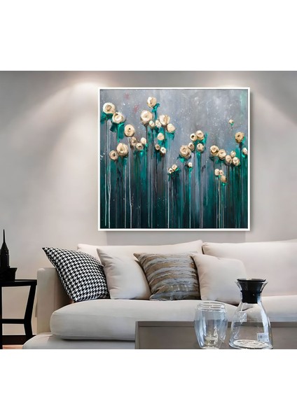 |metal Çerçeveli Kanvas Tablo Turkuaz Tonlar Çiçek Desen |ckkare