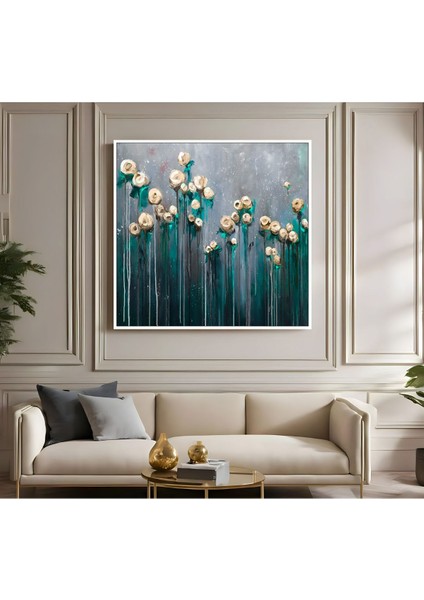 |metal Çerçeveli Kanvas Tablo Turkuaz Tonlar Çiçek Desen |ckkare fiyatları
