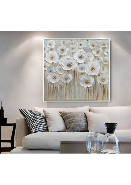 |metal Çerçeveli Kanvas Tablo Soft Beyaz Çiçek Desen 2 |ckkare