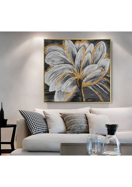 |metal Çerçeveli Kanvas Tablo Gri-Gold Çiçek Deseni |ckkare