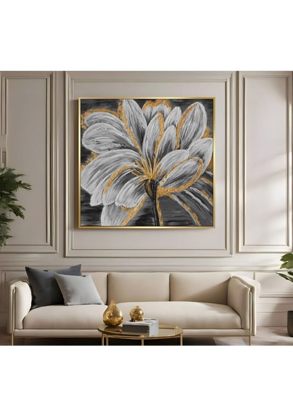 |metal Çerçeveli Kanvas Tablo Gri-Gold Çiçek Deseni |ckkare fiyatları