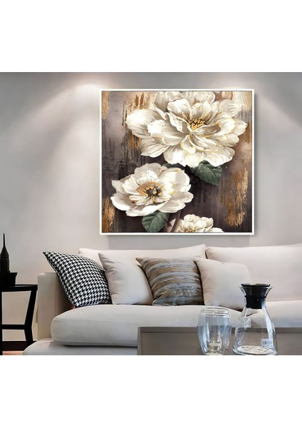 |metal Çerçeveli Kanvas Tablo Kahverenk Beyaz Çiçek Desen |ckkare