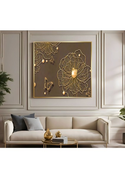 |metal Çerçeveli Kanvas Tablo Gold Soyut Çiçek Desen |ckkare fiyatları