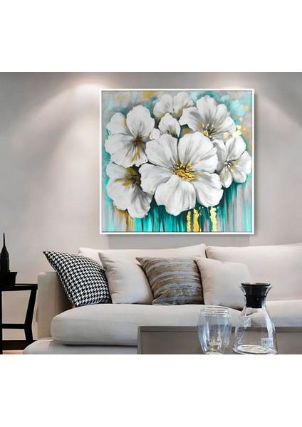 |metal Çerçeveli Kanvas Tablo Turkuaz Beyaz Çiçek Desen |ckkare