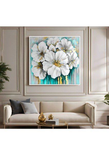 |metal Çerçeveli Kanvas Tablo Turkuaz Beyaz Çiçek Desen |ckkare fiyatları