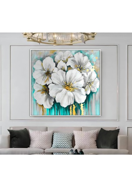 |metal Çerçeveli Kanvas Tablo Turkuaz Beyaz Çiçek Desen |ckkare modelleri