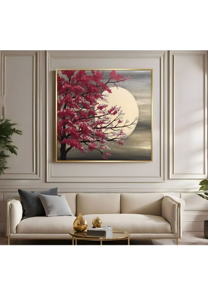 |metal Çerçeveli Kanvas Tablo Kırmızı Renk Ağaç Ay Modeli |ckkare