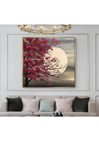 |metal Çerçeveli Kanvas Tablo Kırmızı Renk Ağaç Ay Modeli |ckkare modelleri