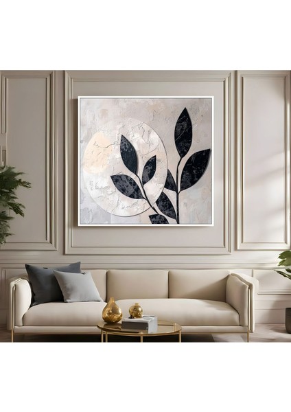 |metal Çerçeveli Kanvas Tablo Soft Bej Siyah Yaprak Deseni |ckkare