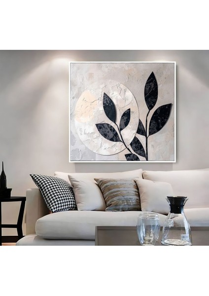 |metal Çerçeveli Kanvas Tablo Soft Bej Siyah Yaprak Deseni |ckkare fiyatları