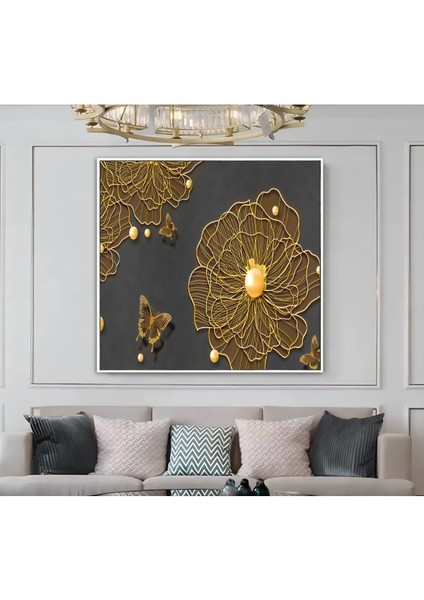 |metal Çerçeveli Kanvas Tablo Gold Soyut Çiçek Modeli |ckkare